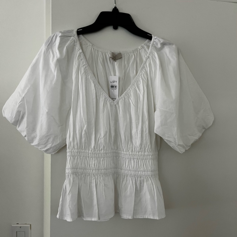 🥳 LOFT White Smocked Peplum Blouse